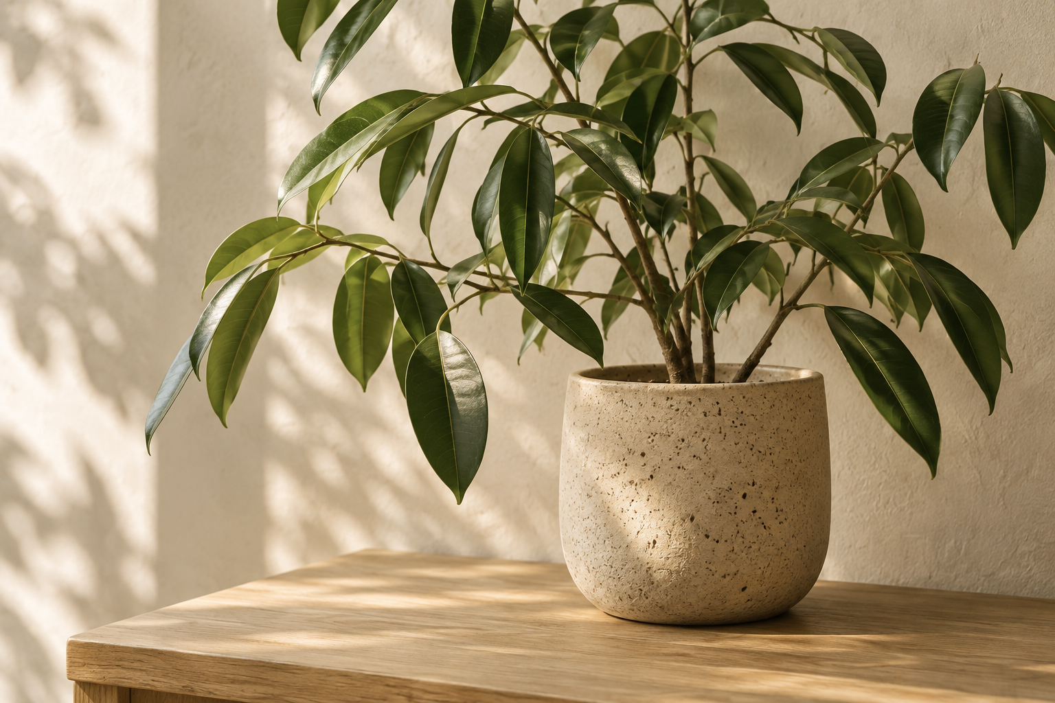 A green plant in a warm ceramic pot, lit by soft daylight